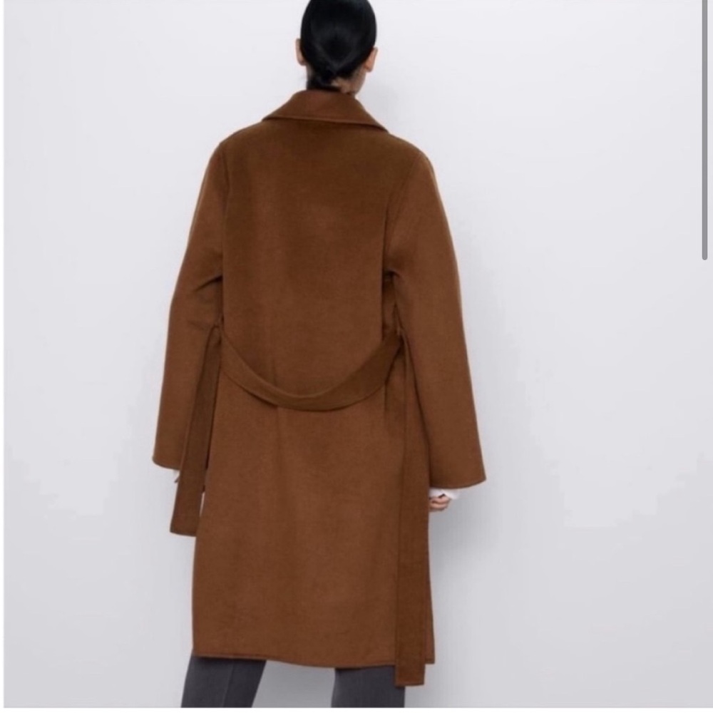 Zara Wool Blend Belted Wrap Coat Blogger Favorite Brown Toffee Medium - Picture 4 of 9